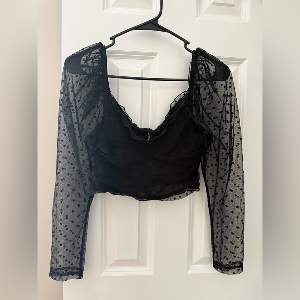 H&M Black Sheer Polka Puff Sleeves Crop Top EUR 40